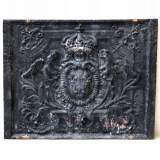 Fireback with royal coat of arms and two roosters. - Reference 9270&nbsp;Width&nbsp;3' 8'' ⅛&nbsp;Height&nbsp;2' 11'' 