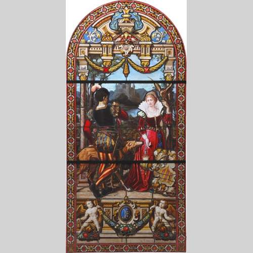 « Leaving for the Hunt , Important enamelled stained glass window by Maison Lorin coming from the Château des Ollières in Nice, France