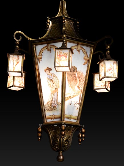 Beautiful Japanese-inspired bronze chandelier with six lanterns and ...