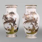 BACCARAT, Pair of Vases With Peacock, Rooster and Wader, circa 1880