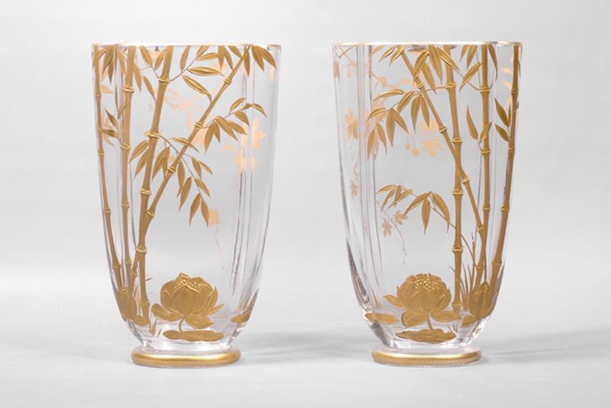 BACCARAT, Pair of Vases with Bamboo Decor, circa 1880-0