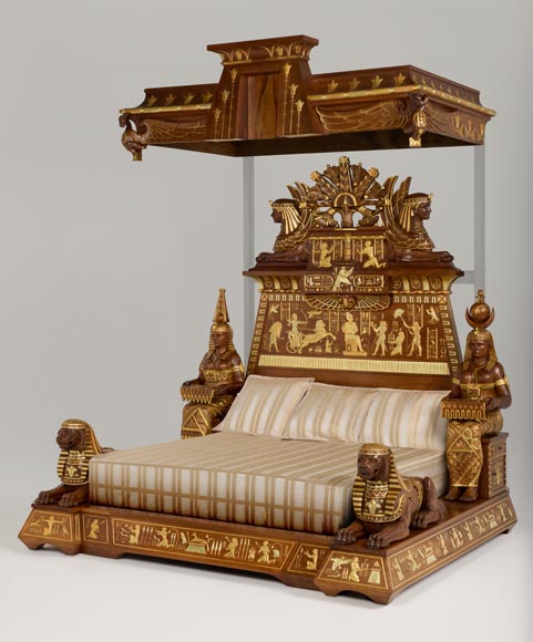 Louis MALARD, Unique “Ramses-Style” Bedroom in Walnut With Gold Leaf Embellishment, 1889 World’s Fair-0