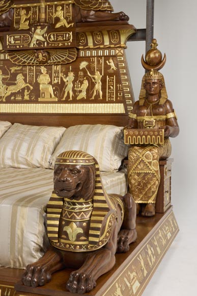 Louis MALARD, Unique “Ramses-Style” Bedroom in Walnut With Gold Leaf Embellishment, 1889 World’s Fair-16