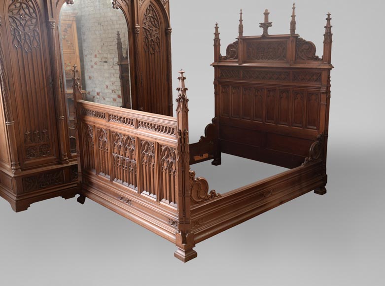 Set Of Bedroom Furniture In Carved Oak Neo Gothic Style