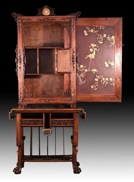 CHARBONNIER (cabinetmaker) for L’ESCALIER DE CRISTAL, Japonist Cabinet with Sliding Lacquer Panel, circa 1890-1