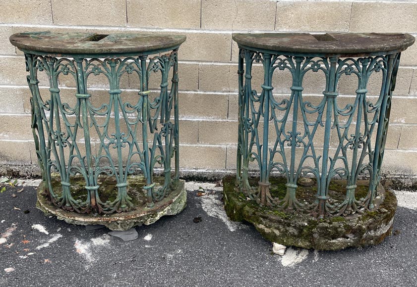 Pair of wrought-iron outdoor side-tables, half-moon shape-1