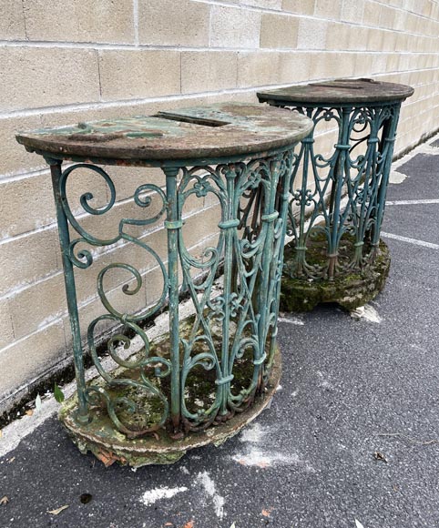 Pair of wrought-iron outdoor side-tables, half-moon shape-2