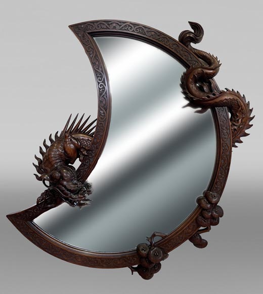 Gabriel VIARDOT (attributed to), Large Japonesque Mirror in the shape of a moon crescent with a dragon, second half of the 19th century-0