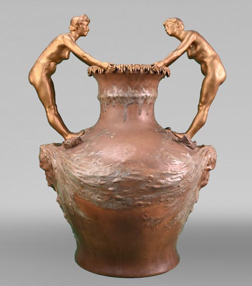 Auguste LEDRU (sculptor) and Émile COLIN (editor), Large Stoneware Vase with Masks and Gilt Bronze Female Figures, circa 1902-0