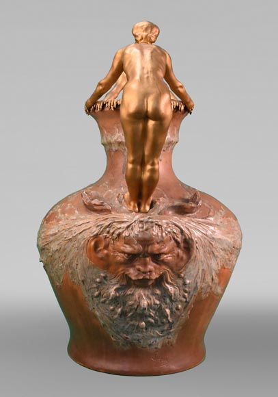 Auguste LEDRU (sculptor) and Émile COLIN (editor), Large Stoneware Vase with Masks and Gilt Bronze Female Figures, circa 1902-1