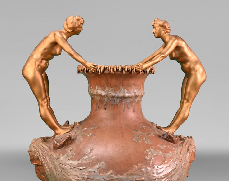 Auguste LEDRU (sculptor) and Émile COLIN (editor), Large Stoneware Vase with Masks and Gilt Bronze Female Figures, circa 1902-2