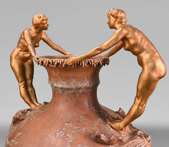 Auguste LEDRU (sculptor) and Émile COLIN (editor), Large Stoneware Vase with Masks and Gilt Bronze Female Figures, circa 1902-3