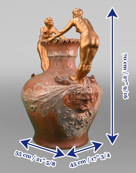 Auguste LEDRU (sculptor) and Émile COLIN (editor), Large Stoneware Vase with Masks and Gilt Bronze Female Figures, circa 1902-10