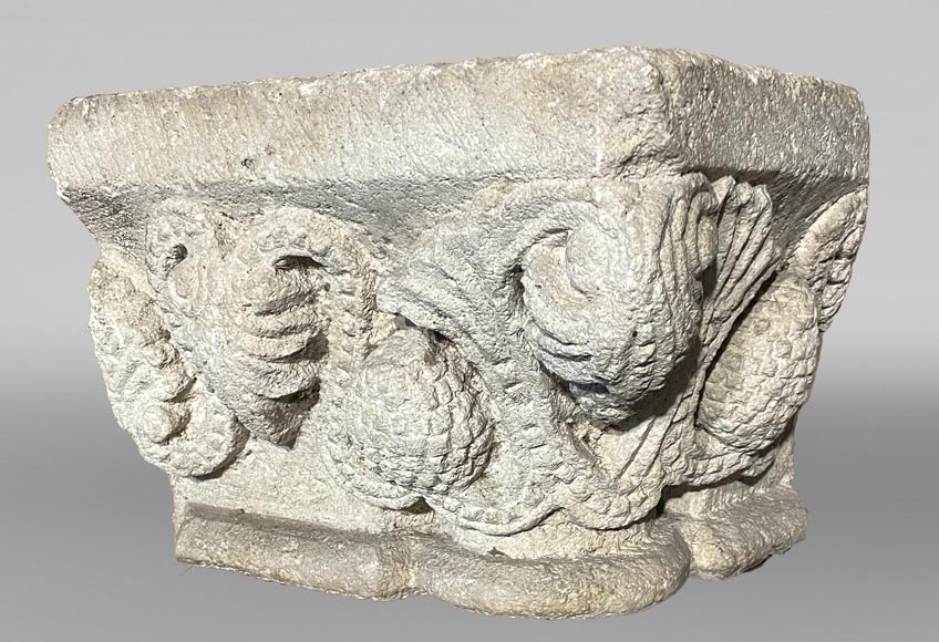 Medieval Stone Capital with Pinecone Decor, 12th Century-0