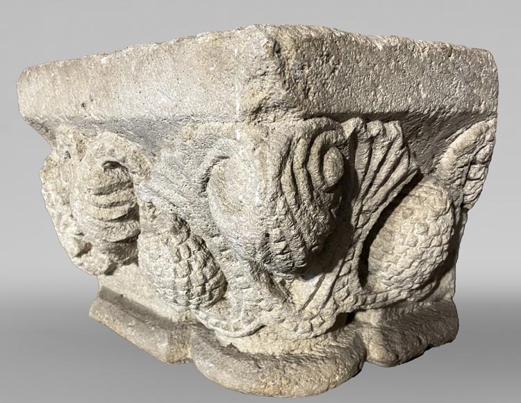 Medieval Stone Capital with Pinecone Decor, 12th Century-4