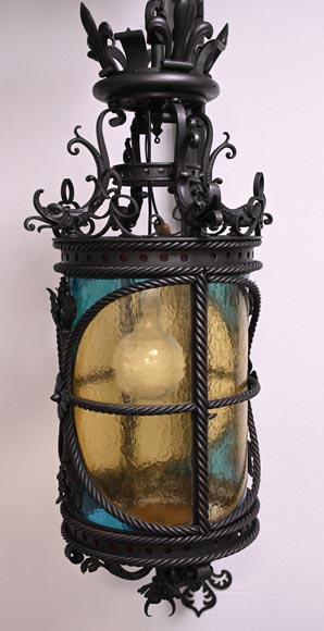 Pair of Antique offers amber candle lanterns on wrought iron stands