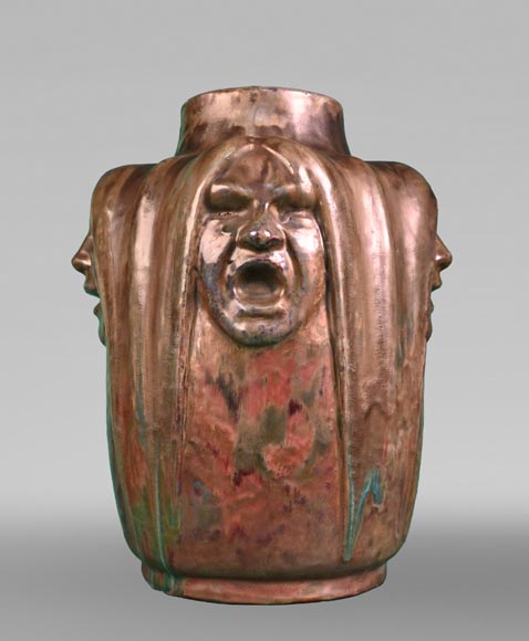 Jean-Désiré Ringel d’Illzach (sculptor), Léon Elchinger (ceramist), Vase in Glazed Stoneware with Four Expressive Faces, early 20th century-0