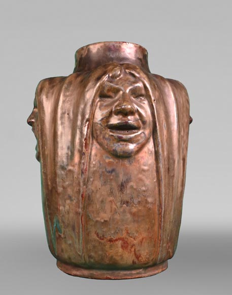 Jean-Désiré Ringel d’Illzach (sculptor), Léon Elchinger (ceramist), Vase in Glazed Stoneware with Four Expressive Faces, early 20th century-1