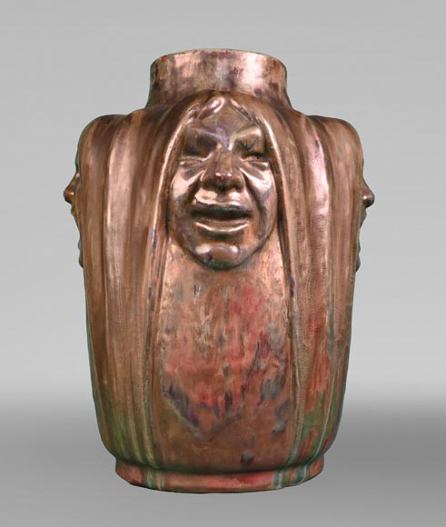 Jean-Désiré Ringel d’Illzach (sculptor), Léon Elchinger (ceramist), Vase in Glazed Stoneware with Four Expressive Faces, early 20th century-2