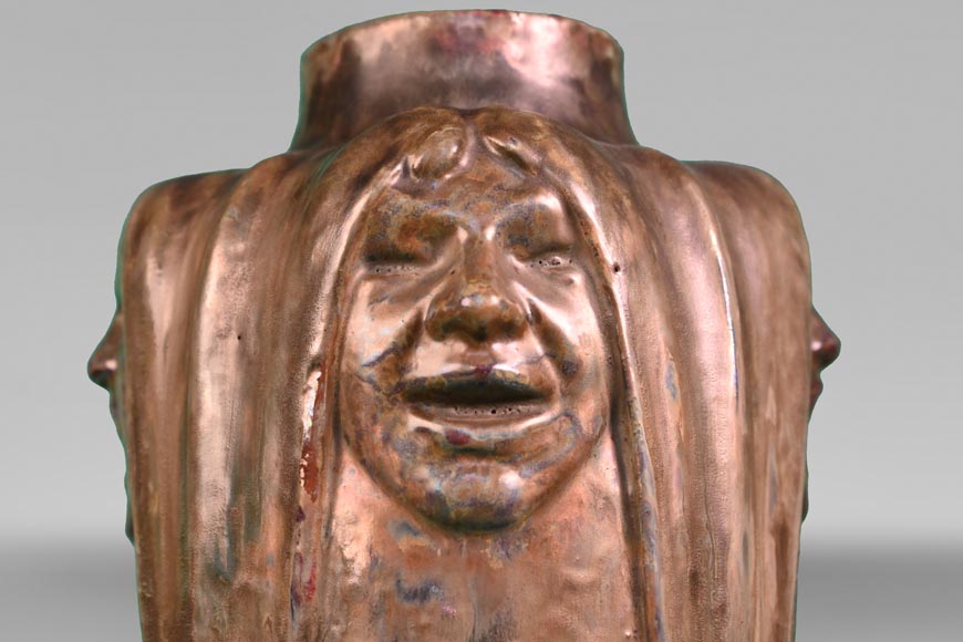 Jean-Désiré Ringel d’Illzach (sculptor), Léon Elchinger (ceramist), Vase in Glazed Stoneware with Four Expressive Faces, early 20th century-3