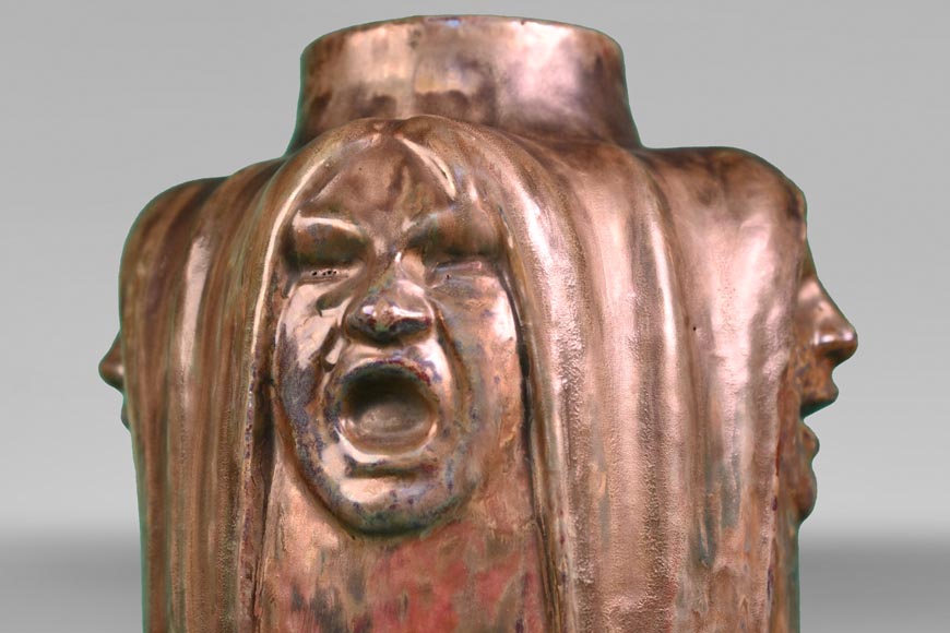 Jean-Désiré Ringel d’Illzach (sculptor), Léon Elchinger (ceramist), Vase in Glazed Stoneware with Four Expressive Faces, early 20th century-4