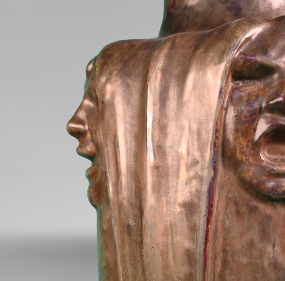 Jean-Désiré Ringel d’Illzach (sculptor), Léon Elchinger (ceramist), Vase in Glazed Stoneware with Four Expressive Faces, early 20th century-5