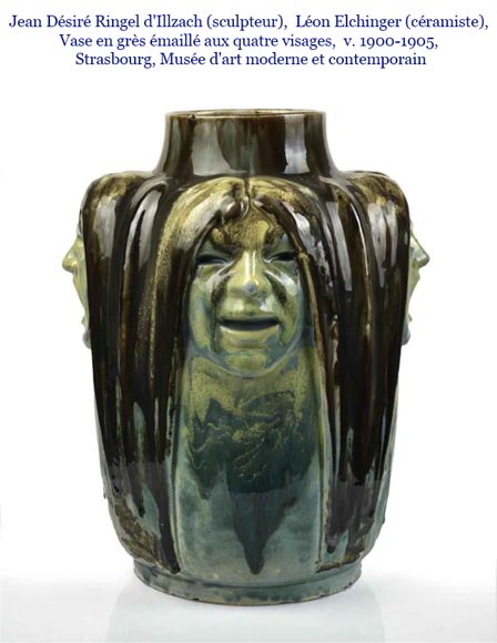 Jean-Désiré Ringel d’Illzach (sculptor), Léon Elchinger (ceramist), Vase in Glazed Stoneware with Four Expressive Faces, early 20th century-8