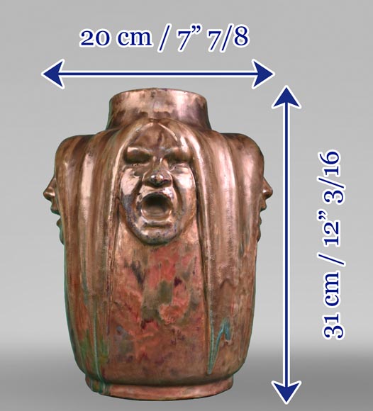 Jean-Désiré Ringel d’Illzach (sculptor), Léon Elchinger (ceramist), Vase in Glazed Stoneware with Four Expressive Faces, early 20th century-9