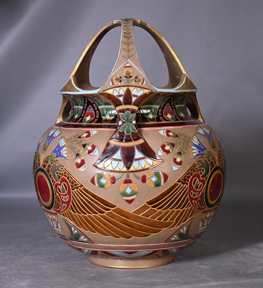 Sarreguemines earthenware factory, Vase with Lotus Flower Decoration-1