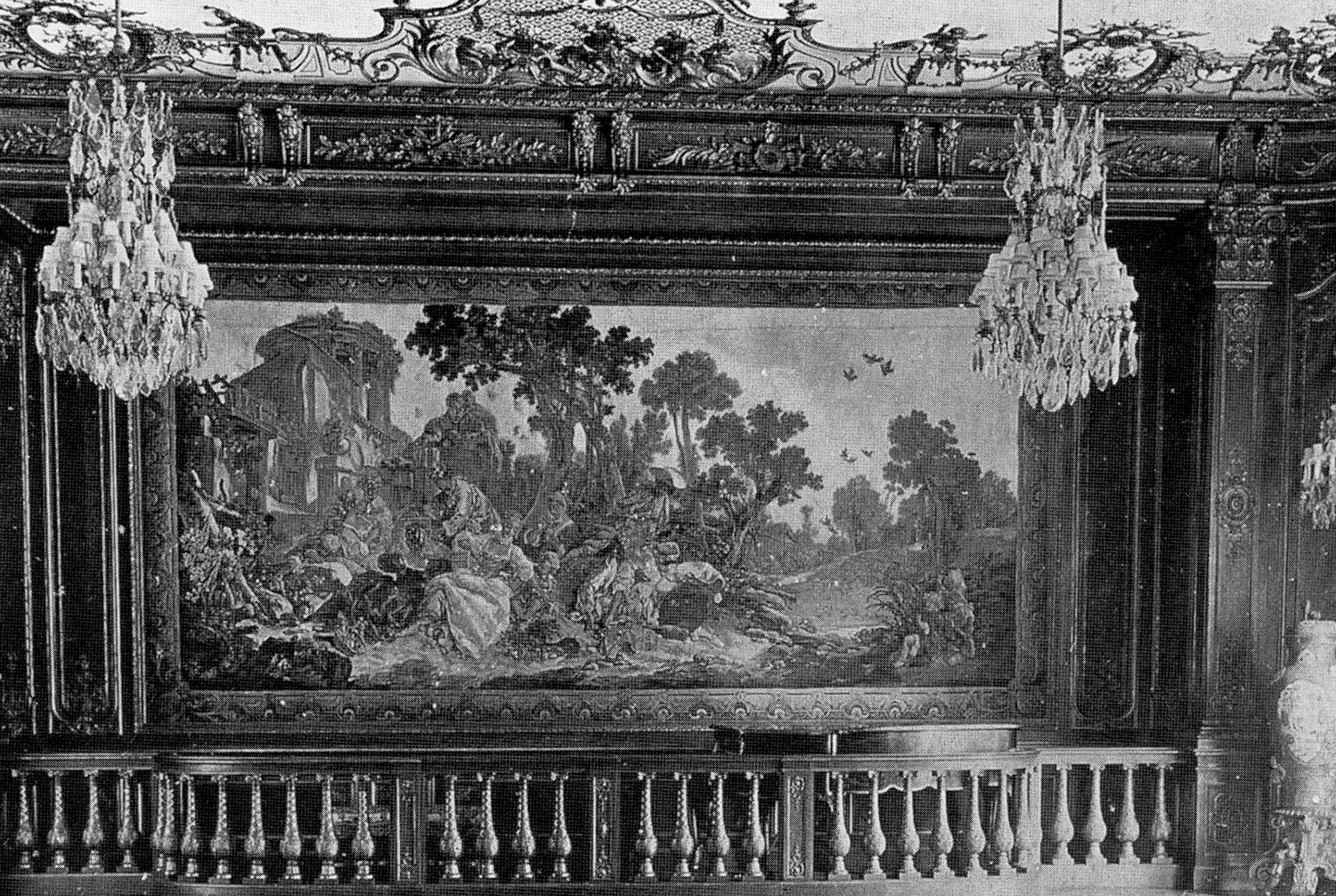 Early view of the interior of Hursley Park, Ballroom, side of the large tapestry