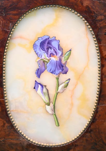 Julien Nicolas RIVART, Two Alabaster Panels Inlaid with a Tulip and an Iris in Porcelain, after 1849-4