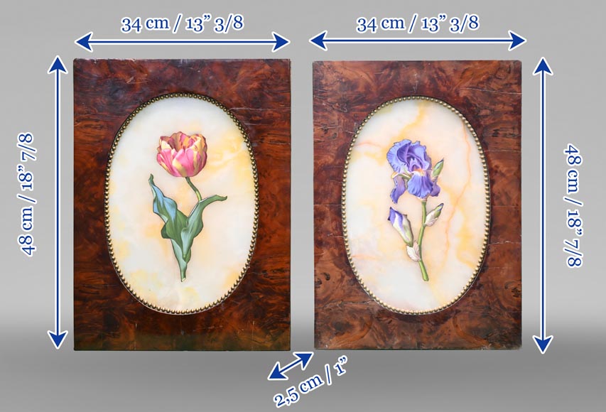 Julien Nicolas RIVART, Two Alabaster Panels Inlaid with a Tulip and an Iris in Porcelain, after 1849-10