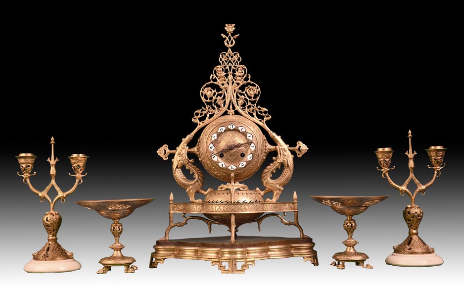 Victor GEOFFROY-DECHAUME (model), Auguste-Maximilien DELAFONTAINE (bronze caster), “Persian” Gilt Bronze Clock Set, circa 1852-0