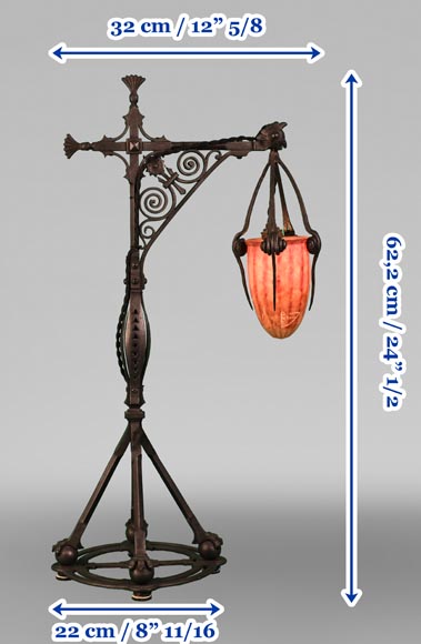 DAUM, Émile ROBERT (attributed to), Lamp in delicately openwork wrought iron and glass, circa 1900-10