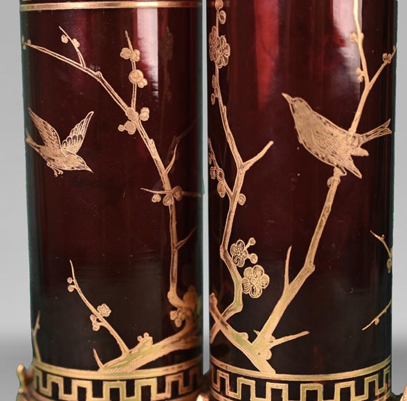 BACCARAT, Pair of Double Vases with Japanese-Style Decoration, circa 1880-5