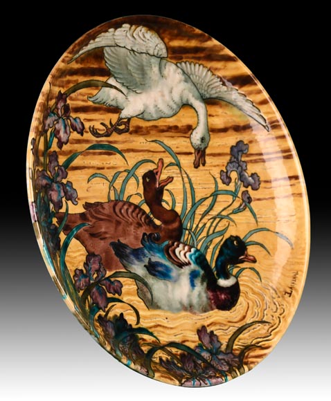 Edmond LACHENAL (painter), Théodore DECK (ceramist), Ornamental plate with Two Mallards Swimming Among Irises at Sunset, circa 1880-1