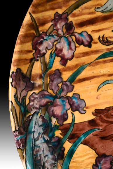 Edmond LACHENAL (painter), Théodore DECK (ceramist), Ornamental plate with Two Mallards Swimming Among Irises at Sunset, circa 1880-5