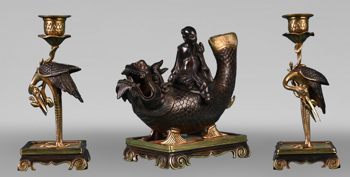 Ferdinand DUVINAGE (attributed to), Japanese-Style Set Consisting of an Inkwell and a Pair of Candlesticks, circa 1867-1874-0