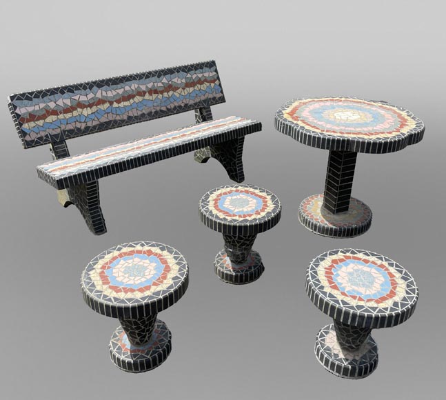  Garden furniture set with a table, three stools and a bench decorated with polychrome ceramic tiles, 1980s-0