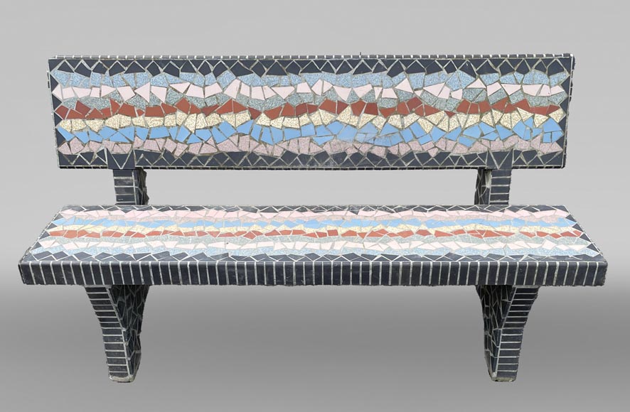  Garden furniture set with a table, three stools and a bench decorated with polychrome ceramic tiles, 1980s-4