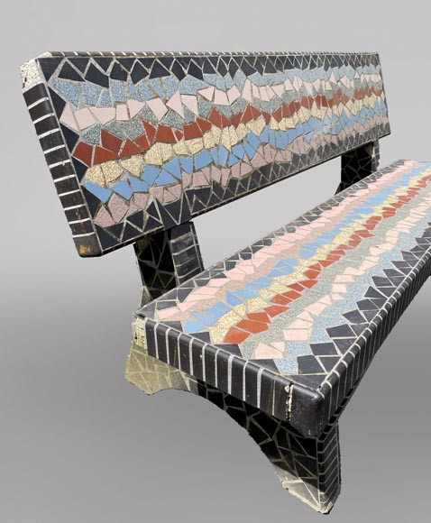  Garden furniture set with a table, three stools and a bench decorated with polychrome ceramic tiles, 1980s-5