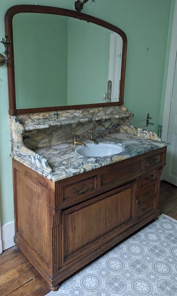 Large barber's washbasin in oak and Breche de Médoue marble-1