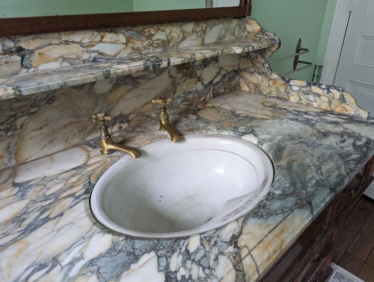 Large barber's washbasin in oak and Breche de Médoue marble-6