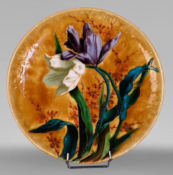 Théodore DECK, Decorative Dish in Glazed Ceramic with Tulips-0