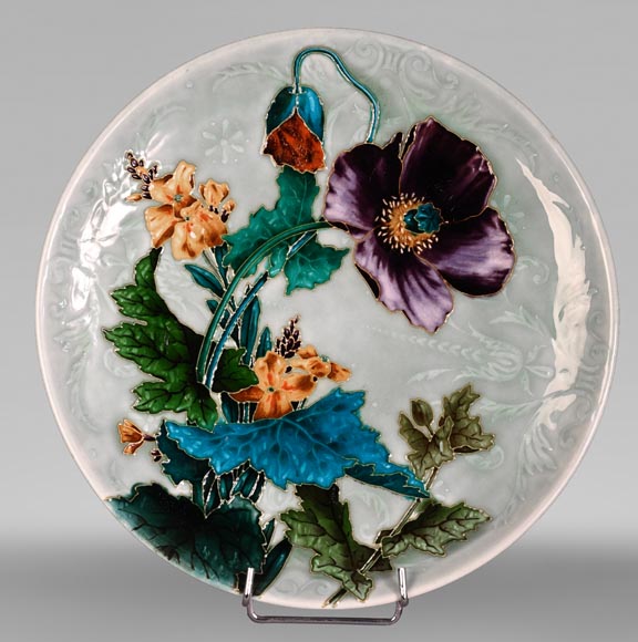 Théodore DECK, Decorative Dish in Glazed Ceramic with Poppy Flowers-0