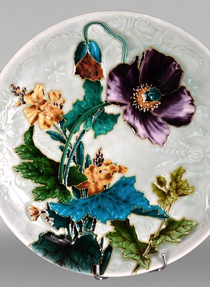 Théodore DECK, Decorative Dish in Glazed Ceramic with Poppy Flowers-1