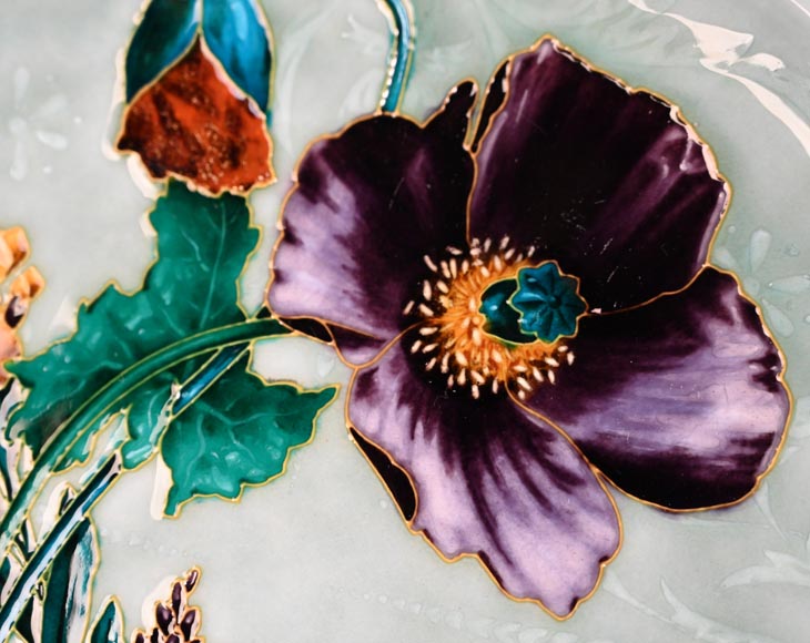 Théodore DECK, Decorative Dish in Glazed Ceramic with Poppy Flowers-2