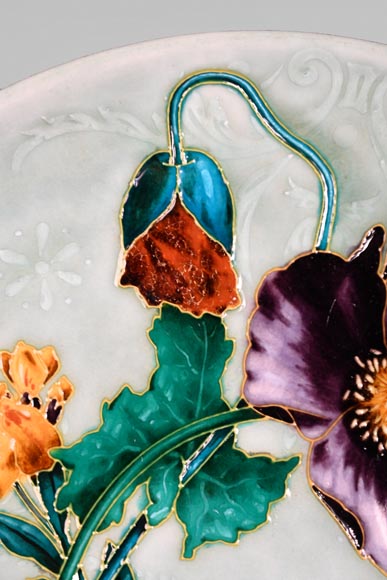 Théodore DECK, Decorative Dish in Glazed Ceramic with Poppy Flowers-4
