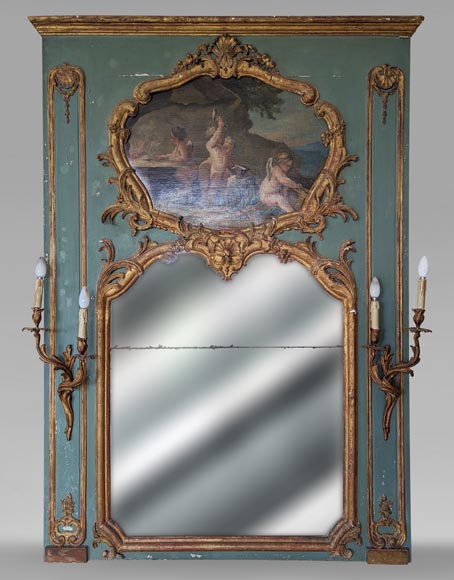 Louis XV period gilded trumeau with sconces and decorated with a painting-0