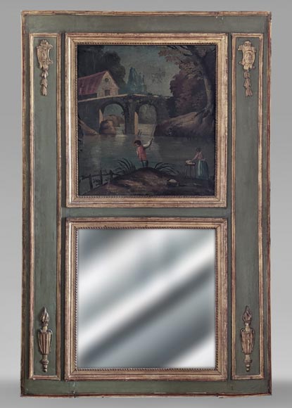 Louis XVI period trumeau decorated with an oil on canvas depicting a river bank-0